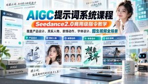 AIGC提示词系统课程,Seedance2.0商用级指令教学,覆盖产品设计、真实人物、表情动作、字体设计、图生视频全场景-大象聊项目