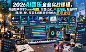2026AI音乐实战课程,零基础从零学Suno编曲、混音优化、声音克隆、版权注册,覆盖多风格歌曲创作与账号变现-大象聊项目