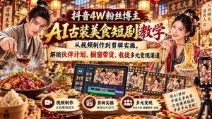 抖音4W粉丝博主AI古装美食短剧教学,从视频制作到剪辑实操,解锁伙伴计划、橱窗带货、收徒多元变现渠道-大象聊项目