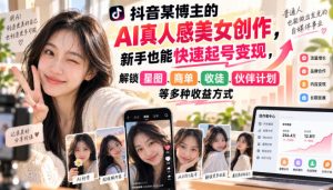 抖音某博主的AI真人感美女创作,新手也能快速起号变现,解锁星图,商单,收徒,伙伴计划等多种收益方式-大象聊项目