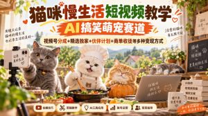 猫咪慢生活短视频教学，AI搞笑萌宠赛道，视频号分成+精选独家+伙伴计划+商单收徒等多种变现方式-大象聊项目