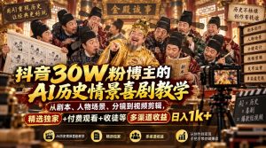 抖音30W粉博主的AI历史情景喜剧教学，从剧本、人物场景、分镜到视频剪辑，精选独家+付费观看+收徒等多渠道收益日入1k+-大象聊项目