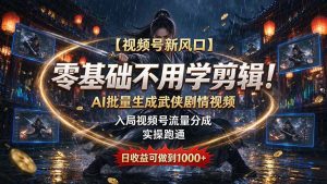 【视频号新风口】零基础不用学剪辑！AI 批量生成武侠剧情视频，入局视频号流量分成，实操跑通，日收益可做到 1000+-大象聊项目