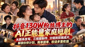 抖音130W粉丝博主的AI正能量家庭短剧，从剧本改写、三视图制作、分镜到剪辑成片，解锁伙伴计划、商单接单、收徒多重收益(更新1007)-大象聊项目