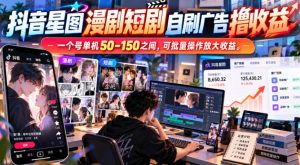 抖音星图漫剧短剧自刷广告撸收益，一个号单机50-150之间，可批量操作放大收益-大象聊项目