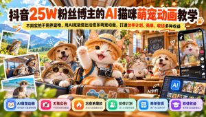 抖音25W粉丝博主的AI猫咪萌宠动画教学，不用实拍不用养宠物，用AI就能做出治愈系萌宠动画，打通伙伴计划、商单、收徒多种收益-大象聊项目