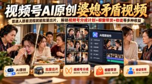 视频号ai原创婆媳矛盾视频，普通人跟着流程就能批量出片，解锁视频号分成计划+橱窗带货+收徒等多种收益-大象聊项目