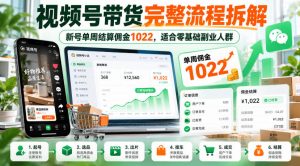视频号带货完整流程拆解，新号单周结算佣金1022，适合零基础副业人群-大象聊项目