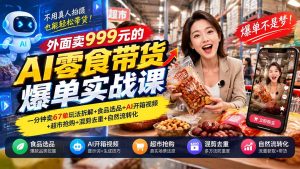 外面卖999元的AI零食带货爆单实战课｜一分钟卖67单玩法拆解+食品选品+AI开箱视频+超市抢购+混剪去重+自然流转化-大象聊项目