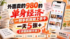 外面卖的980的单身经济，一部手机就能上手干，一天5张+【详细拆解干货】-大象聊项目