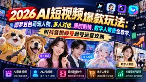 2026AI短视频爆款玩法：即梦豆包萌宠人物、多人对话、原创剧情、数字人带货全教学，附抖音视频号起号运营攻略-大象聊项目