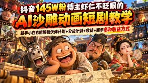 抖音145W粉博主虾仁不眨眼的AI沙雕动画短剧教学,新手小白也能解锁伙伴计划+分成计划+收徒+商单多种收益方式-大象聊项目