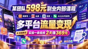 某团队598元副业内部课程：视频号+头条+百度+AI公众号创作、多平台流量变现，实操一条视频2天赚369元-大象聊项目